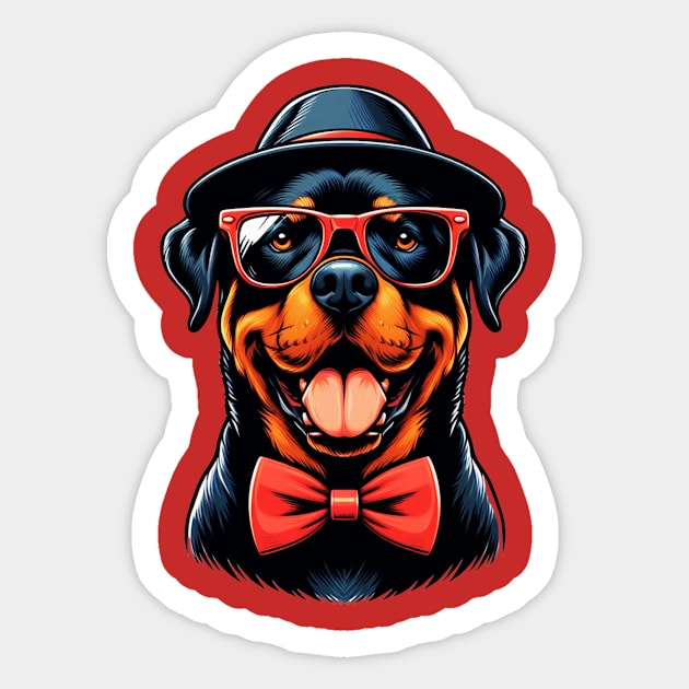 cute Rottweiler Dog Wearing Red Glasses And Bow Tie Sticker by Figurely creative